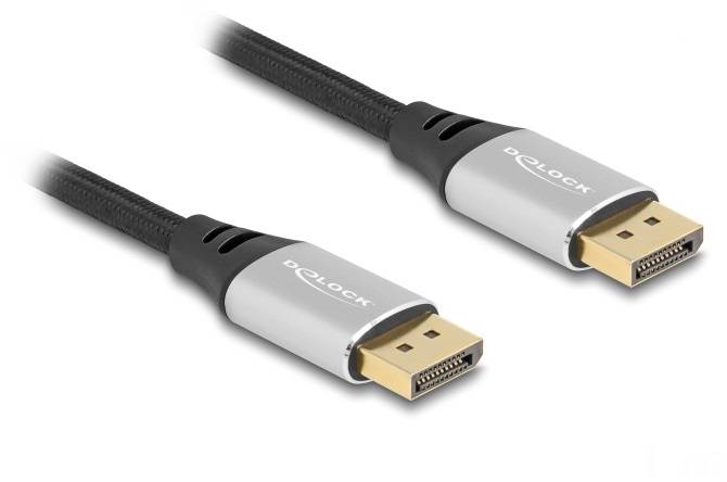 Kabel DisplayPort z dwoma srebrnymi wtykami, odpowiednie do przesyłania sygnałów audio i wideo między urządzeniami.