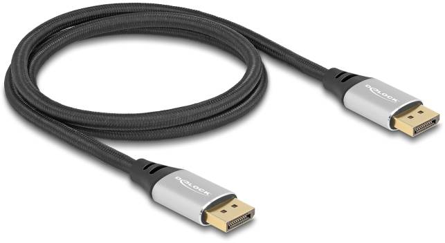 Kabel DisplayPort, czarne, z srebrnymi wtyczkami na obu końcach, do podłączania monitorów i komputerów w celu przesyłania danych.