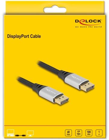 Opakowanie kabla DisplayPort marki Delock, w kolorze żółtym. Przedstawiono dwie wtyczki DisplayPort. Symbole: 40 Gbps, HD, 16K, 1 metr.