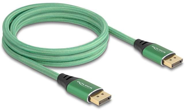 Zielona przewodowa wtyczka DisplayPort z dwoma złączami, odpowiednia do podłączania monitorów do komputerów w celu wyświetlania obrazu w wysokiej rozdzielczości.
