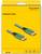 Kabel DisplayPort na żółtym tle, zielone wtyki z logo 'Delock', obsługujące 40 Gbps, HDR 10+, rozdzielczość 16K, długość 2 metry.