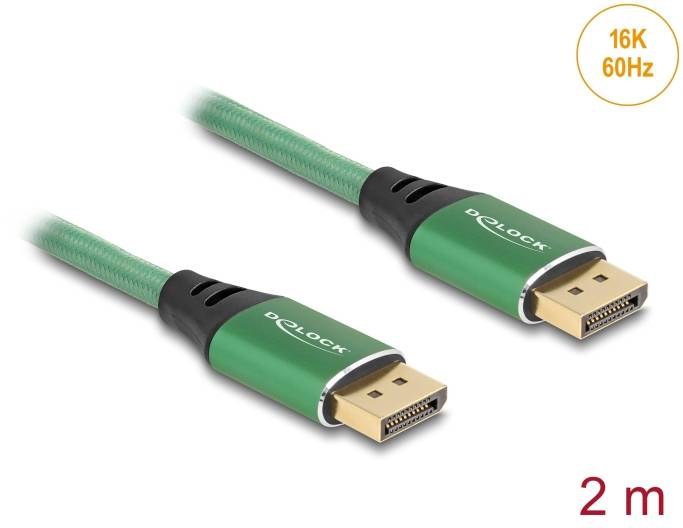 Dwumetrowy kabel DisplayPort, kompatybilny z rozdzielczością 16K przy 60Hz. Posiada zielone złącza i jest oznaczony marką 'Delock'.