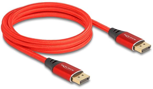 Czerwony kabel DisplayPort z dwoma wtyczkami, przeznaczony do przesyłania sygnałów wideo i audio między urządzeniami.