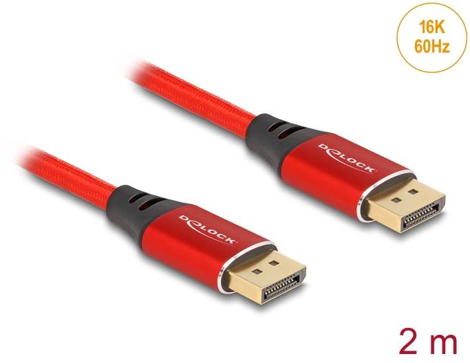 Czerwony kabel DisplayPort firmy Delock, długości 2 m, obsługujący rozdzielczość 16K przy 60 Hz, idealny do wysoko rozdzielczych połączeń ekranowych.