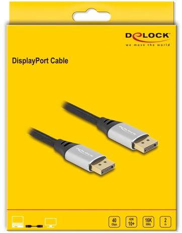 Dwa czarne kable DisplayPort na żółtym opakowaniu z logo 'Delock' z informacją o przepustowości 40 Gbps, wsparciu HDR 10+, rozdzielczości 16K, o długości 2 metrów.