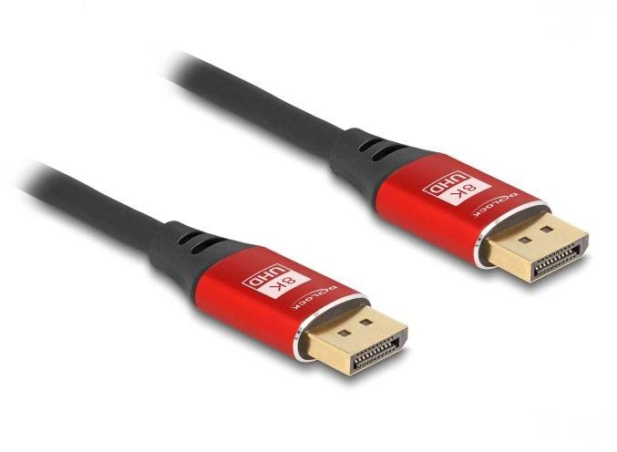 Dwa kable DisplayPort z czerwonymi wtyczkami, odpowiednie do transmisji 8K UHD, leżą obok siebie.