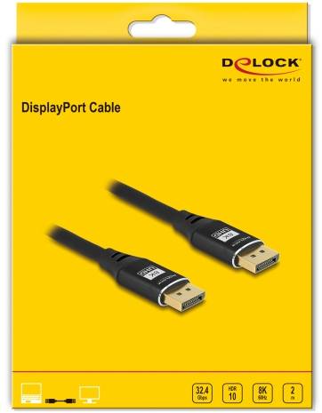 Opakowanie kabla DisplayPort firmy Delock. Zawiera kabel kompatybilny z 8K. Prędkość 32,4 Gbps, obsługuje HDR10.