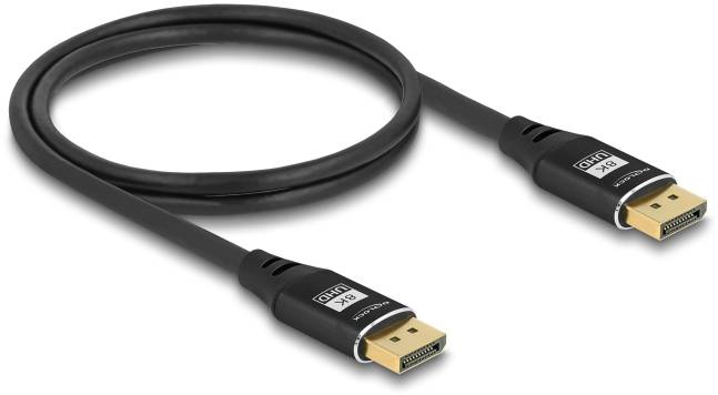 Na ilustracji przedstawiono czarny kabel DisplayPort z dwoma wtyczkami. Jest on często wykorzystywany do przesyłania sygnałów wideo i audio.