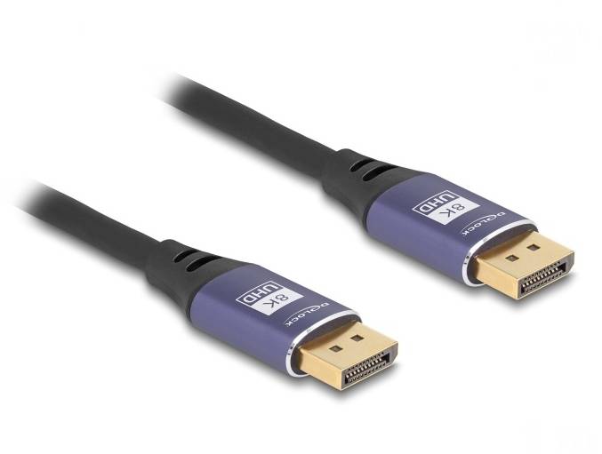 Dwa czarne kable DisplayPort z niebieskimi złączami, oznaczone napisem '8K UHD', leżą obok siebie i przedstawiają swoje podłączenia.