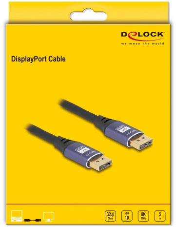 Opakowanie kabla DisplayPort firmy Delock, żółte, przedstawiające oba końce kabla, obsługujące rozdzielczość 8K, HDR 10, przepustowość 32,4 Gbps.