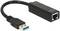 Czarny adapter USB 3.0 na LAN z wtyczką USB po jednej stronie i gniazdem Ethernet po drugiej stronie.