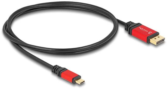 Czarny kabel z czerwonym wtykiem DisplayPort po jednej stronie i czerwonym wtykiem Mini DisplayPort po drugiej stronie.