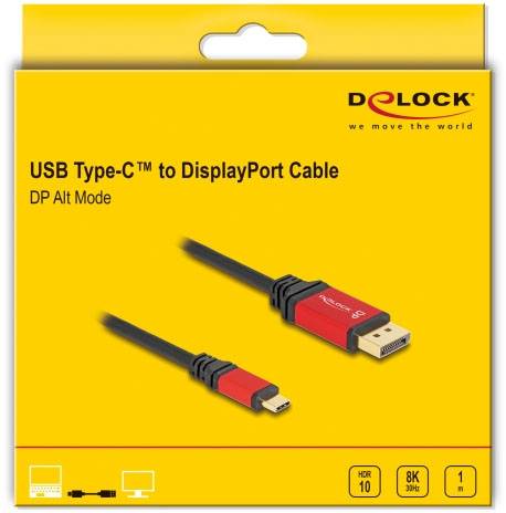 Kabel USB Type-C do DisplayPort, logo Delock, żółte tło, obsługa HDR 10, 8K przy 30 Hz, długość 1 metra.