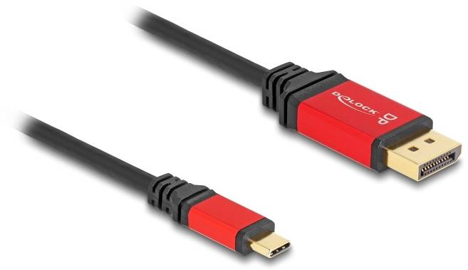 Czerwony kabel DisplayPort do USB-C z czarnymi końcówkami. Po lewej wtyk USB-C, po prawej wtyk DisplayPort. Używany do połączeń wideo.