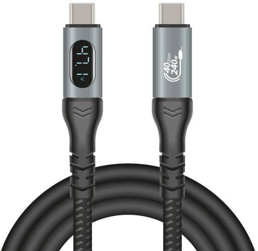 Kabel USB-C z wyświetlaczem: Jeden wtyk pokazuje natężenie prądu w amperach, drugi obsługuje 40 Gb/s i 240 W. Elastyczny, pleciony design.