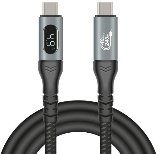 Kabel USB-C z wyświetlaczem, pokazujące '40 Gbps' i '240 W'. Oferuje szybki transfer danych i mocne ładowanie.