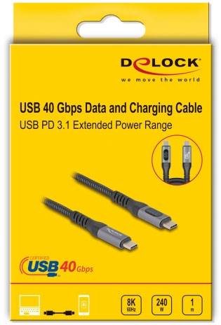 'Kabel USB 40 Gbps do przesyłu danych i ładowania. USB PD 3.1. 240W, długość 1 metr. Obsługa 8K 60Hz. Producent: DeLock.'