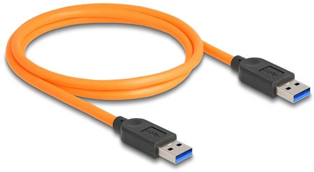 Pomarańczowy kabel USB z dwoma niebieskimi wtyczkami USB, odpowiedni do łączenia urządzeń do przesyłania danych i ładowania.