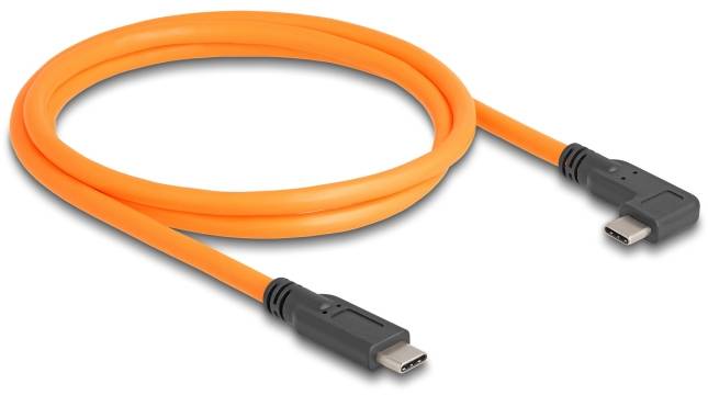 Pomarańczowy kabel USB-C z zagiętymi złączami na obu końcach, na jasnym tle.