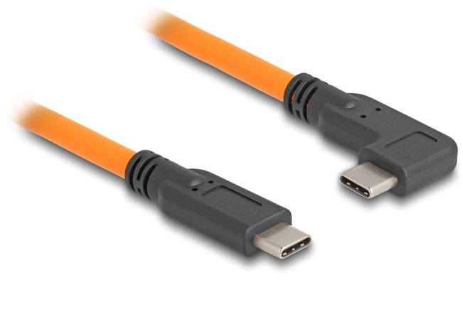Dwa pomarańczowe kable USB-C z wtyczką kątową, z których każdy ma prostą i skośną stronę.