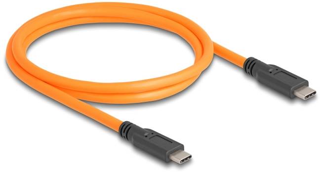 Pomarańczowy kabel USB-C z czarnymi wtyczkami na obu końcach.