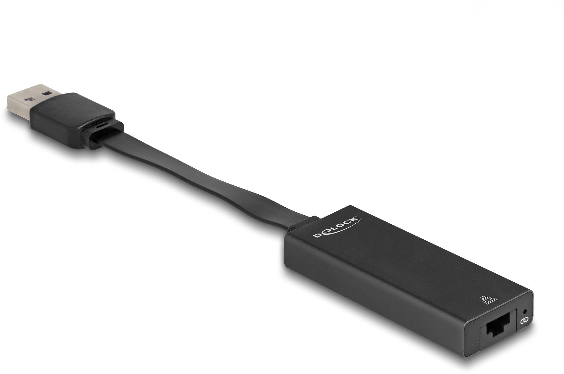 Czarny adapter USB na Ethernet z płaskim kablem, przeznaczony do podłączenia komputera do sieci za pośrednictwem złącza USB.