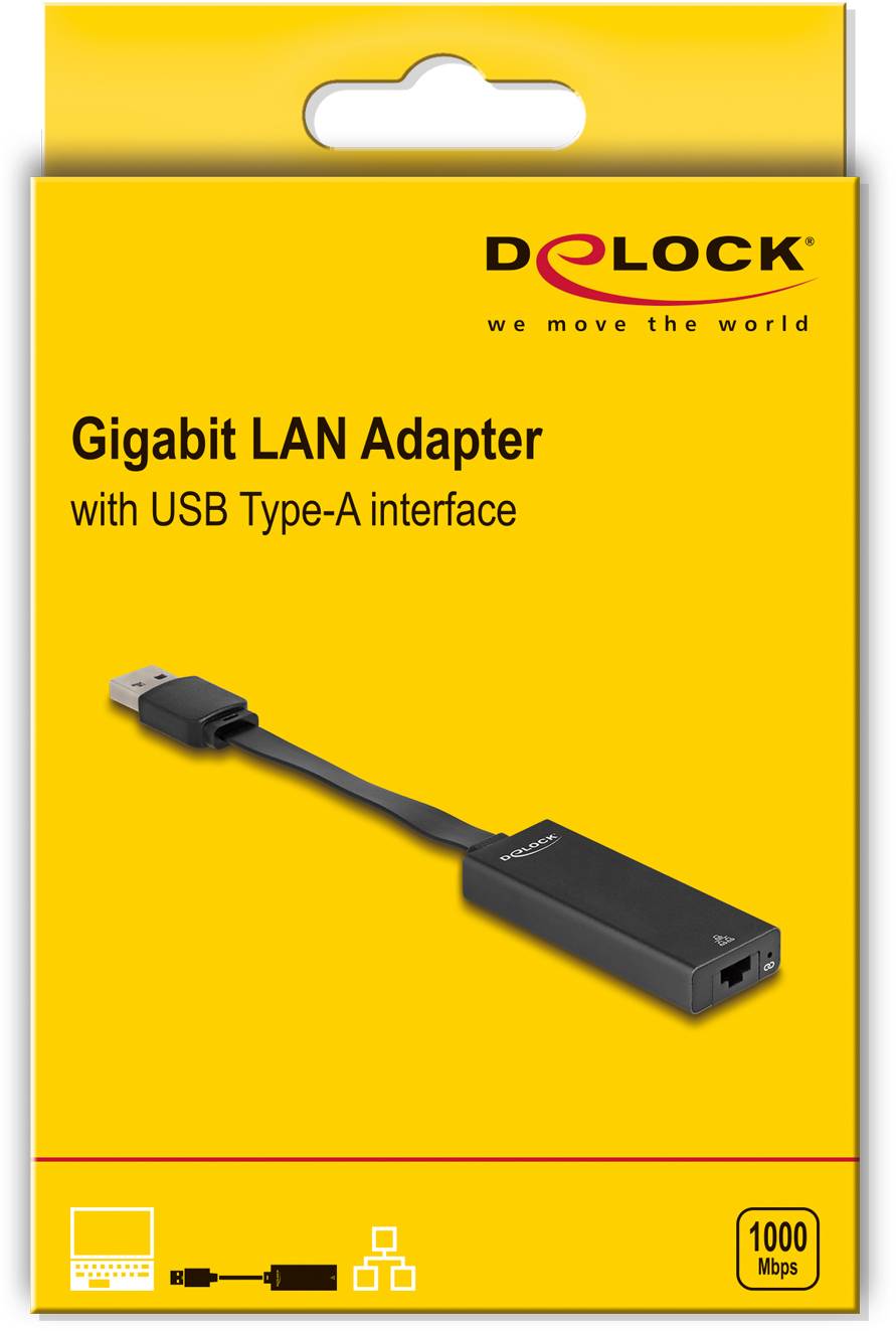 Żółte opakowanie adaptera LAN Gigabit firmy Delock z złączem USB Type-A, prezentujące obraz adaptera i prędkość 1000 Mbps.