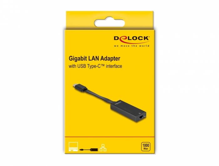 Żółte opakowanie adaptera 'Delock Gigabit LAN z interfejsem USB Type-C', prezentujące zdjęcie produktu i prędkość 1000 Mbps.