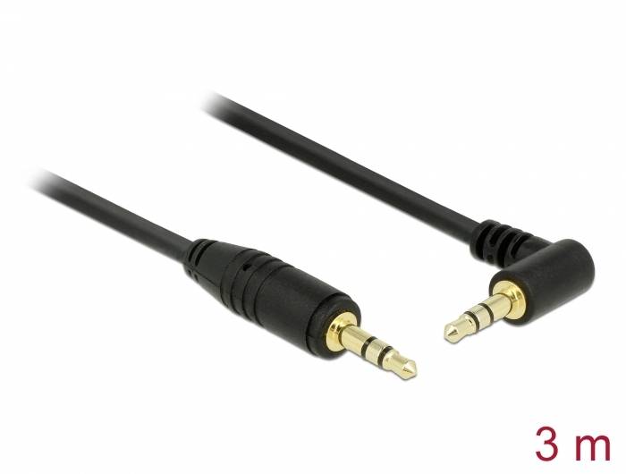 '3-metrowy kabel audio z dwoma wtykami jack 3,5 mm, jeden prosty, drugi kątowy. Oba wtyki są pozłacane.'