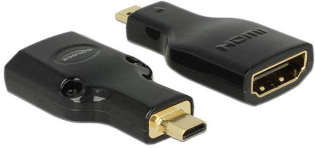 Dwa czarne adaptery HDMI, jeden pokazujący złącze HDMI, drugi złącze Micro-USB, na białym tle.