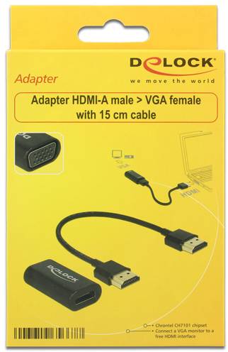 Opakowanie 'Delock Adapter'. Wtyk HDMI-A do gniazda VGA z przewodem 15 cm. Odpowiedni do podłączenia monitora VGA do wyjścia HDMI.