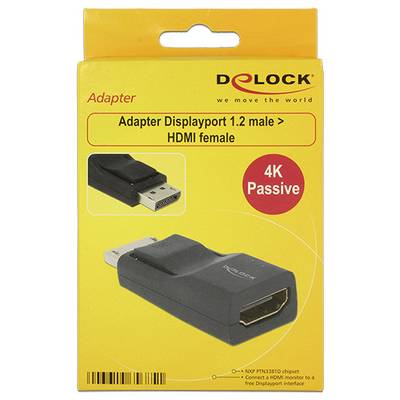 Adapter Delock DisplayPort 1.2 (wtyk) na HDMI (gniazdo), 4K pasywny, układ scalony NXP PTN3361. Żółte opakowanie z obrazem produktu.