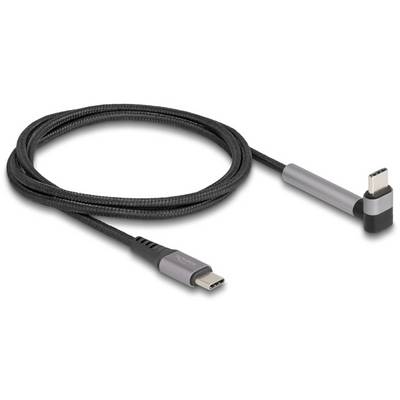 Czarny kabel USB-C z metalowym wtykiem kątowym po jednej stronie, idealny do oszczędnych połączeń w ciasnych przestrzeniach.