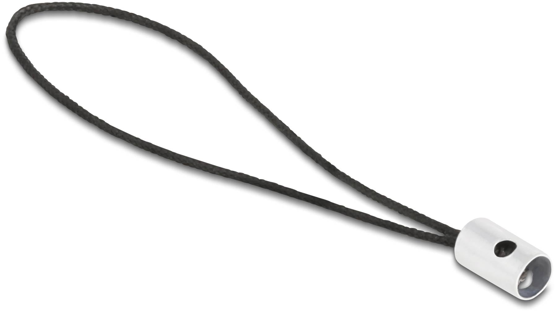 Czarny kabel stalowy z srebrną metalową końcówką.