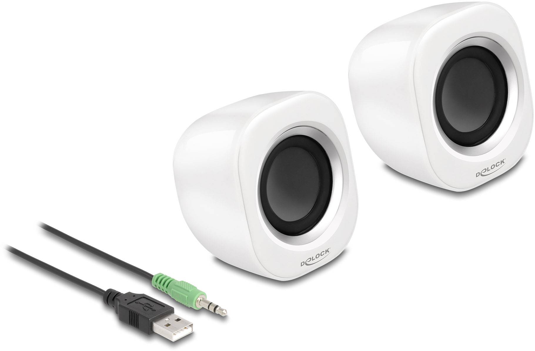 Dwa małe, białe głośniki komputerowe z okrągłymi maskownicami. Podłączane za pomocą kabli USB i 3,5 mm jack do komputerów lub laptopów.