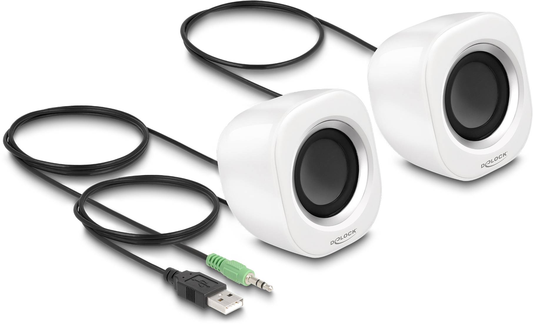 Dwa białe głośniki komputerowe z podłączeniami przewodowymi: USB i wtyk audio. Głośniki są przeznaczone do użytku komputerowego.