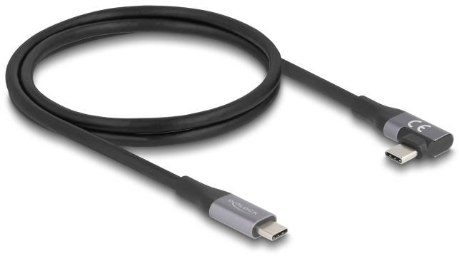 Czarny kabel USB-C z identycznymi złączami na obu końcach, przeznaczony do przesyłania danych i ładowania urządzeń.