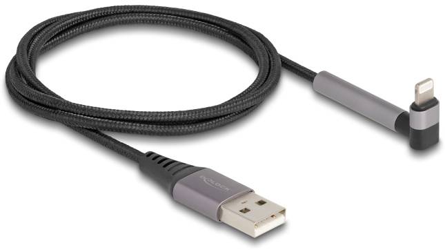 Mocny, pleciony kabel z jednej strony z wtyczką USB-A, a z drugiej strony z kątem prostym zakończonym złączem Lightning.