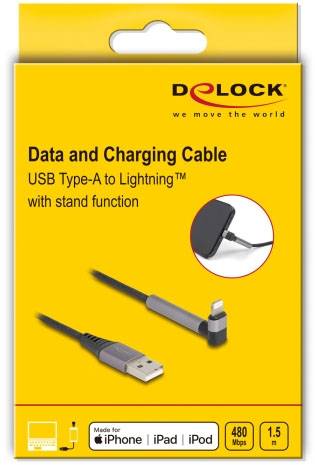Żółte opakowanie dla kabla do przesyłu danych i ładowania DeLock z wtyczką USB Type-A na Lightning, z funkcją podparcia, o przepustowości 480 Mbps, o długości 1,5 m.