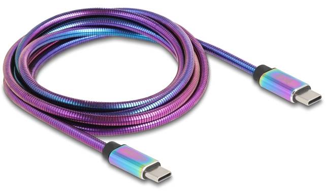Kabel USB-C z opalizującym wzorem tęczowym, przeznaczone do podłączania urządzeń do szybkiego przesyłania danych i ładowania.