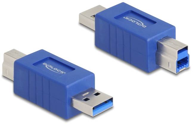 Dwa niebieskie adaptery USB o różnych typach wtyczek na białym tle.