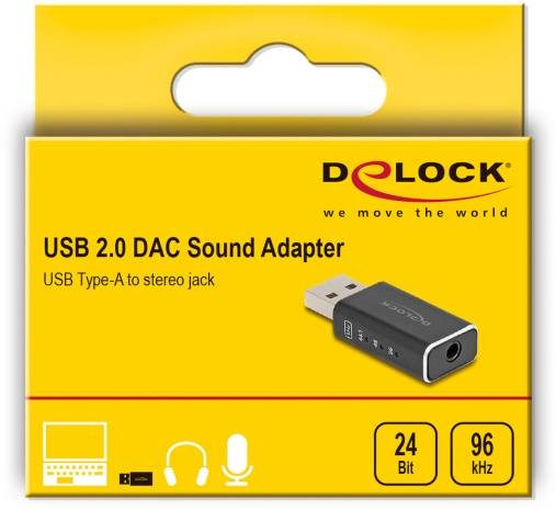 Żółte opakowanie adaptera DAC USB 2.0 firmy Delock, prezentujące obraz adaptera, specyfikacje '24 Bit, 96 kHz', USB do złącza jack.