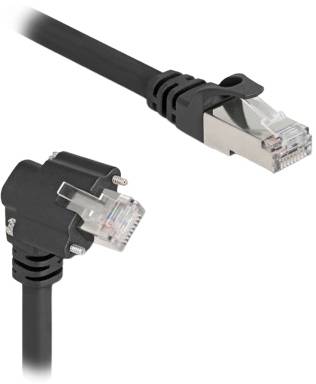 Czarny kabel sieciowy Ethernet z wtyczką RJ45 na białym tle, przeznaczony do przesyłania danych między urządzeniami sieciowymi.
