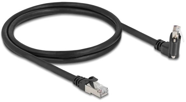 Czarny kabel Ethernet z dwoma wtykami RJ45, służący do podłączania urządzeń sieciowych.