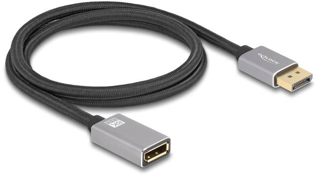 Kabel przedłużające DisplayPort z wtykiem męskim i żeńskim, służące do łączenia ekranów lub urządzeń.