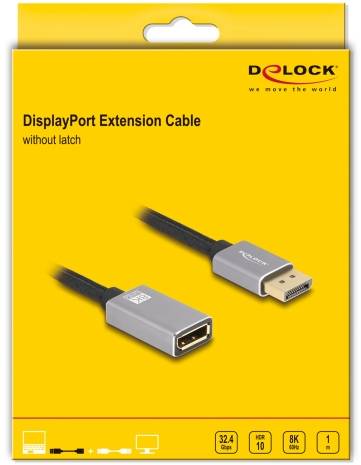 Opakowanie przedłużacza DisplayPort firmy Delock bez blokady, obsługujący 32,4 Gbps, HDR10, 8K@60Hz, 1 metr.