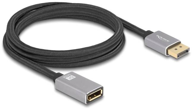 Szary kabel przedłużający DisplayPort z czarną izolacją i złączami po obu stronach, przeznaczony do połączeń wideo.