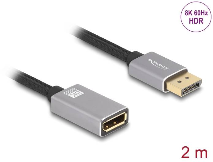Kabel DisplayPort z dwoma złączami, odpowiednie do transmisji 8K 60Hz HDR, długość 2 metry.