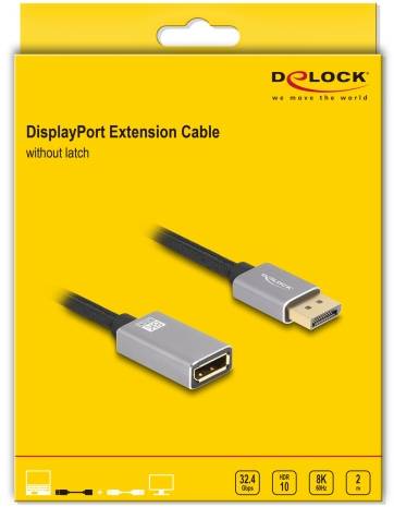 Kabel przedłużające DisplayPort firmy Delock bez zatrzasku, ilustracja produktu na żółtym tle, długość: 2 metry.
