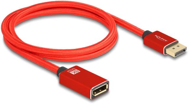 Czerwony kabel DisplayPort z dwoma wtyczkami, doskonale nadający się do podłączania monitorów i innych urządzeń.